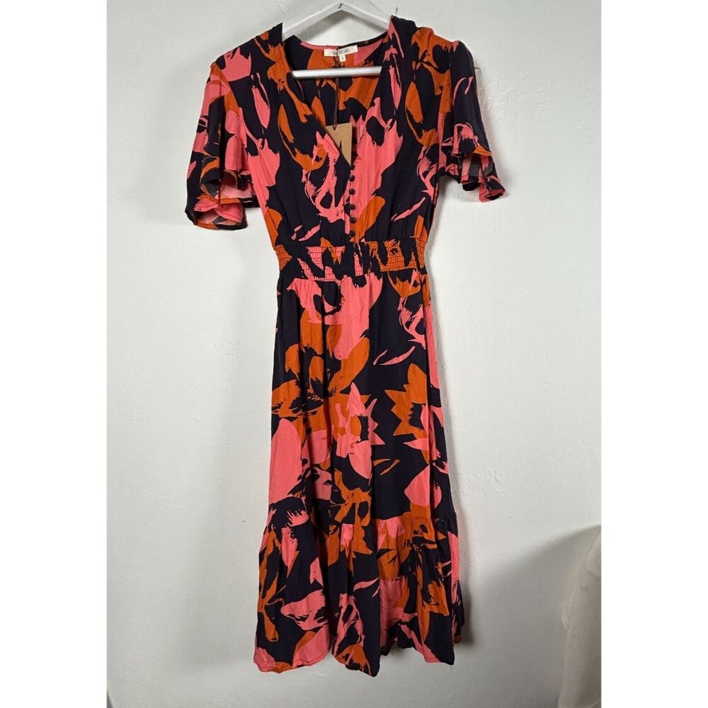 Abel The Label Women Floral Clare Midi Dress Small Navy/Orange Smocked Waist New